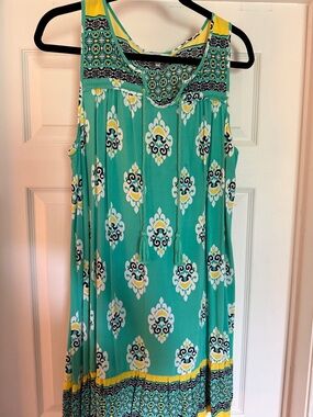 crown & ivy Teal Patterned Sleeveless Midi Dress with Yellow and White Accents
